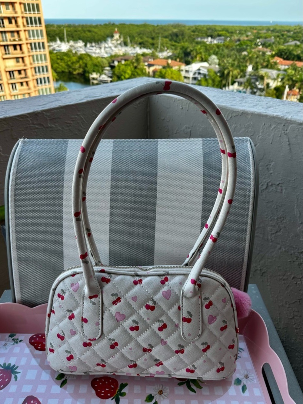 New Under One Sky Cherry Heart Quilted Satchel Purse Coquette Kawaii Pink Pom - Picture 3 of 8
